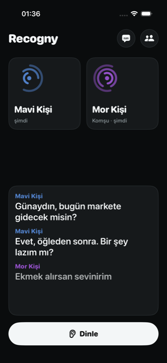Recogny ana ekranı: tanınan kişiler ve altyazı